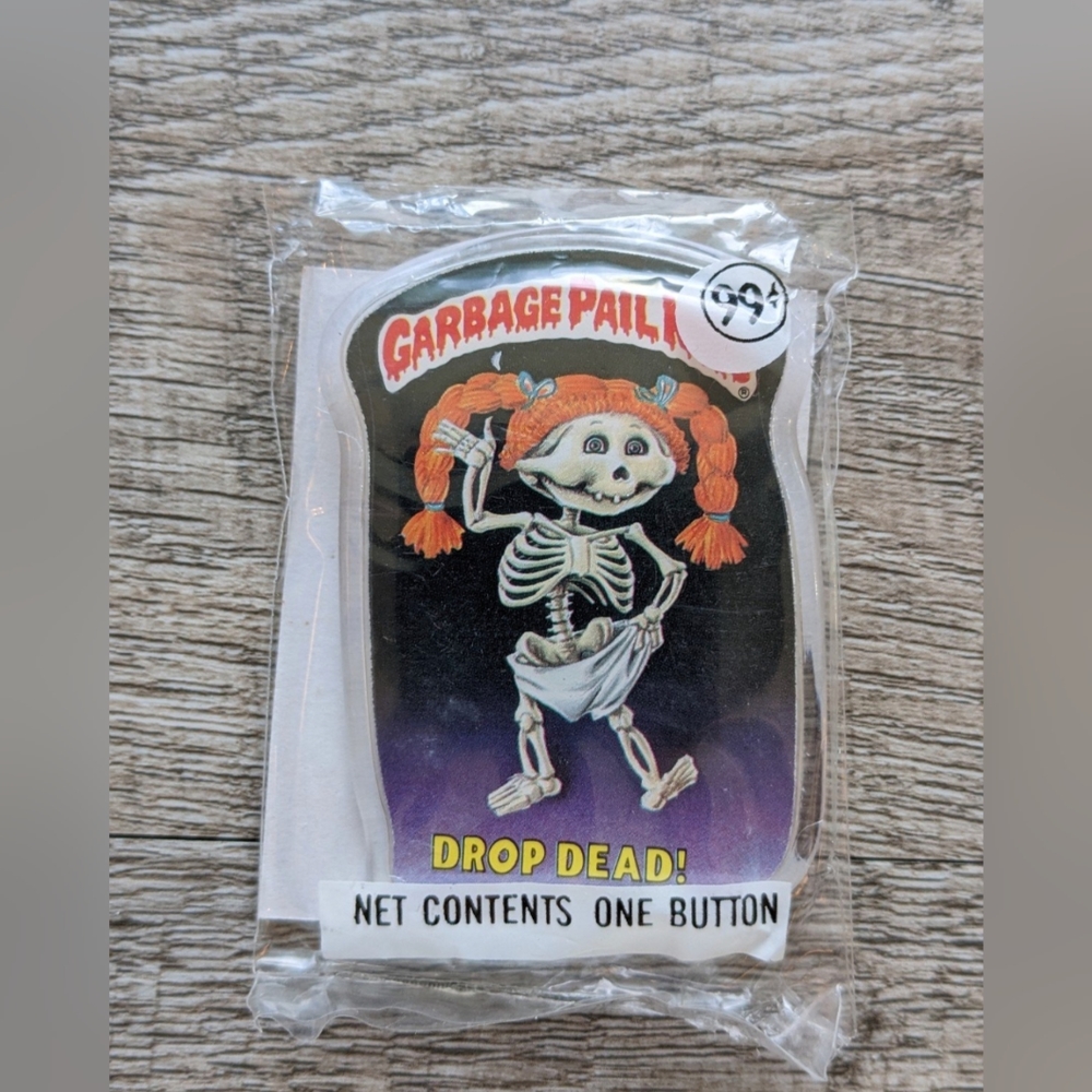 1986 Garbage Pail Kids Drop Dead Skeleton Girl Button - NIP